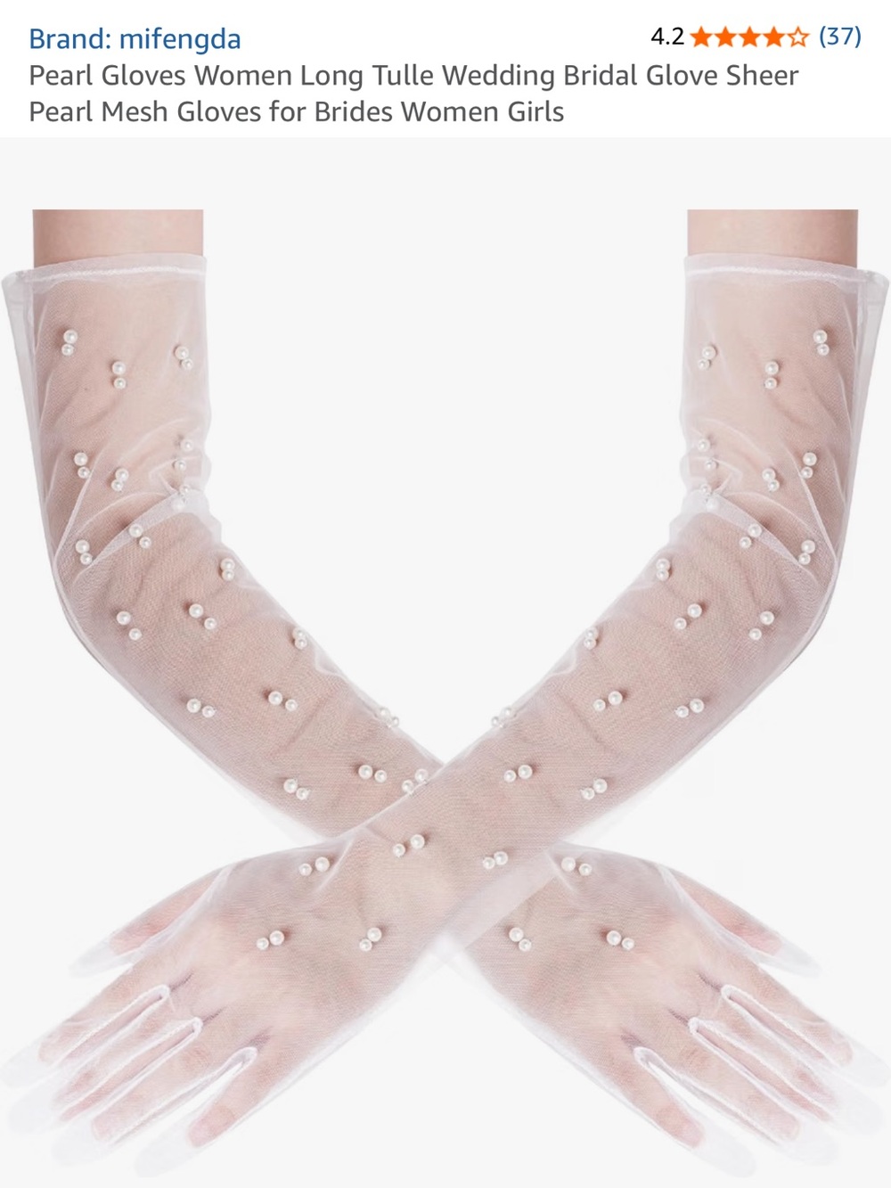 Mifengda White Pearl Tulle Long Bridal Gloves